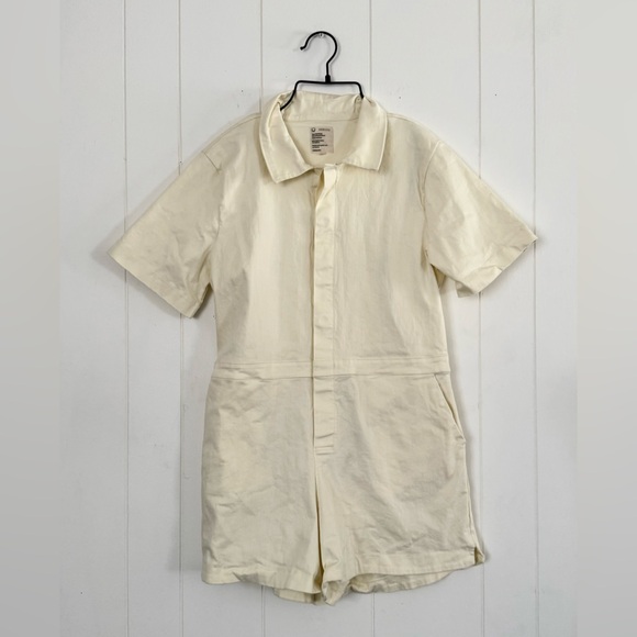 For Days Twill SS Romper Workwear Inspired Utility Large in Linen Cream White - Picture 2 of 7
